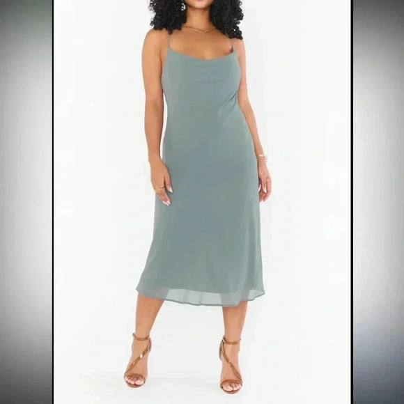 Show Me Your MuMu Verona Deep Sage Cowl Neck Chiffon Overlay Dress Size L - Picture 1 of 10